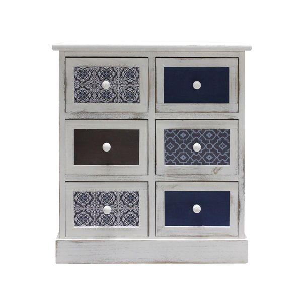 Cassettiera Rebecca Mobili Con 6 Cassetti In Legno, Bianco, Grigio E Blu-image