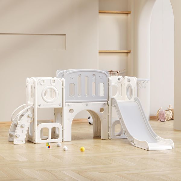 Scivolo Per Bambini Da Interno Flieks, Scivolo Per Bambini 6 In 1 Con Scivolo, Canestro, Piattaforme Di Accesso E Mobile Di Base, Scivolo Per Bambini Con Scale, Bianco-image