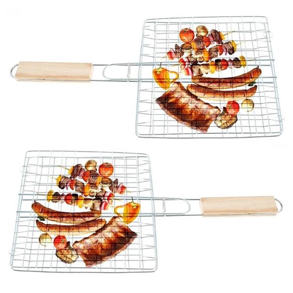 2 X Cestello Per Grigliare Con Manico In Legno | Cestello Per Grigliare Bbq Per Pesce Verdure Bistecca Scaloppine Gamberi | Griglia In Metallo 23 X 21 Cm | Cestello Per Verdure Hamburger Girarrosto | Cestello Per Grigliare | Cestello Per Grigliare-image