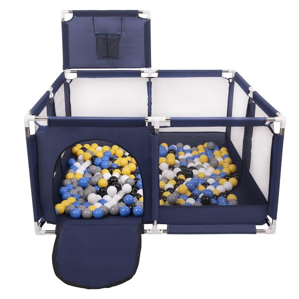 Selonis Box Con Cesto E 200 Palline Box Per Bambini, Blu:Nero/Bianco/Grigio/Blu/Giallo-image