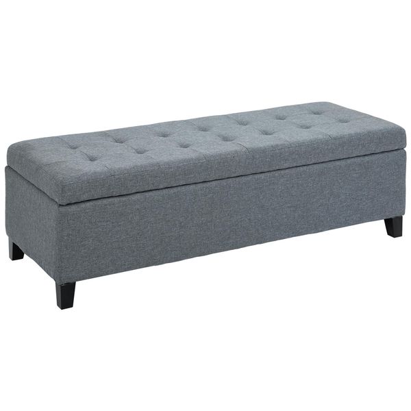 Homcom Panca, Panca Imbottita Con Vano Portaoggetti, Panca Da Letto Con Coperchio, Effetto Lino, Panca A Cassettone, Panca Portaoggetti Per Soggiorno, Camera Da Letto, Grigio, 125 X 49 X 41,5 Cm-image