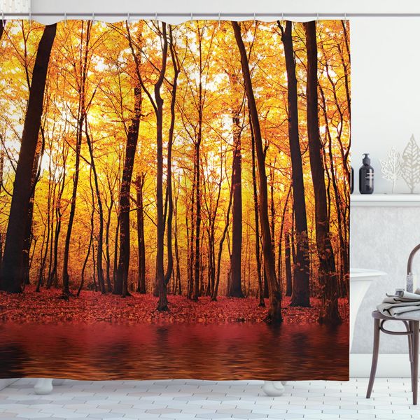 Abakuhaus Tenda Da Doccia Naturale, Alberi Autunnali Della Foresta, Set Incl. 12 Ganci In Tessuto Impermeabile Resistente A Batteri E Muffe, 175 X 180 Cm, Marrone Arancione-image