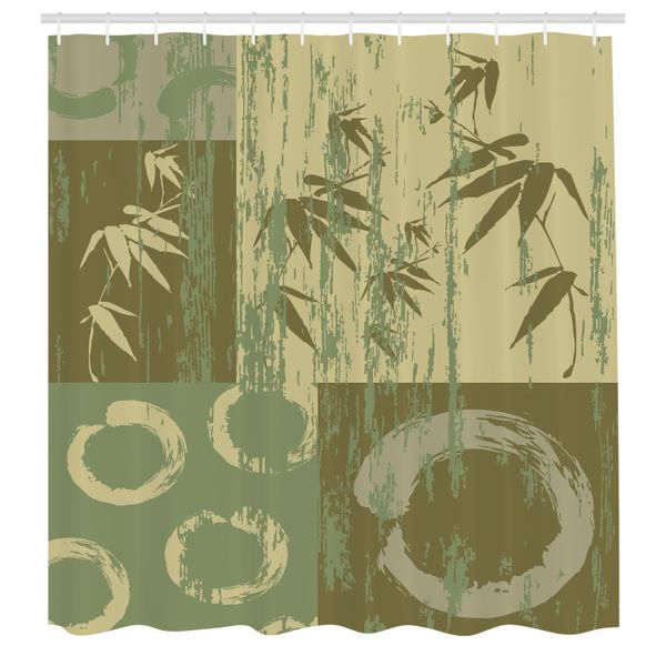 Abakuhaus Tenda Da Doccia In Bambù, Cerchio Zen E Silhouette Di Bambù Su Stampa Artistica Patchwork Orientale Vintage Color, Set Decorativo Per Bagno In Tessuto Con Ganci, 175X240 Cm, Verde-image