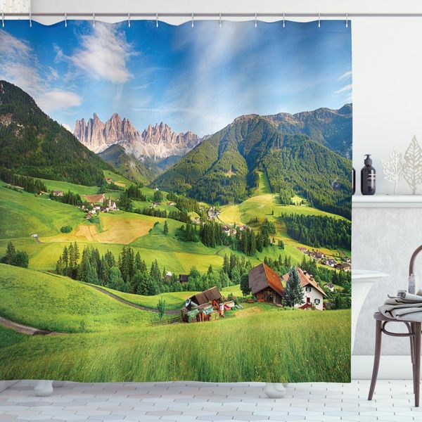Abakuhaus Tenda Da Doccia Berg, Alpi In Primavera, Acqua Opaca Incl. 12 Anelli Lunga Durata Resistente A Batteri E Muffe, 175 X 220 Cm, Verde Blu-image