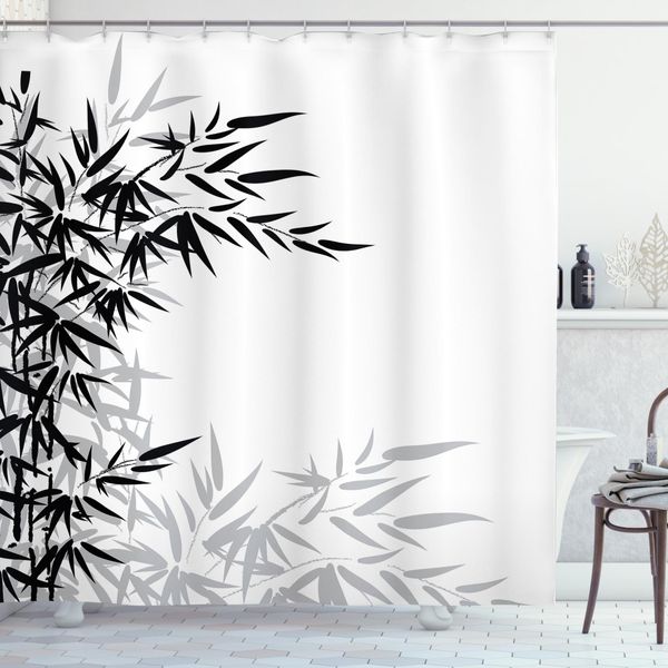 Abakuhaus Tenda Da Doccia Bianca E Nera, Foglie Di Bambù, Opaca, Incl. 12 Anelli, Resistente A Batteri E Muffe, 175 X 200 Cm, Bianca E Nera-image