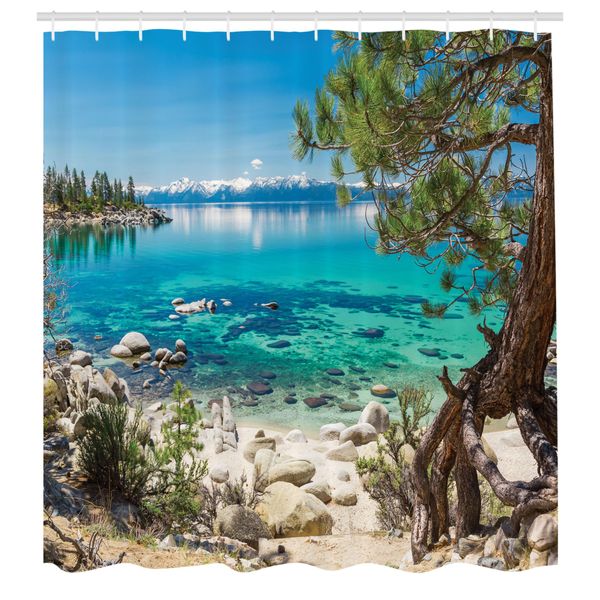 Abakuhaus Tenda Da Doccia Naturale, Lake Tahoe Riflesso Della Montagna Innevata Acqua Limpida Vista Sulla Costa Rocciosa, Set Decorativo Per Bagno In Tessuto Con Ganci, 175X220 Cm, Blu Pallido Verde Guscio D'uovo-image