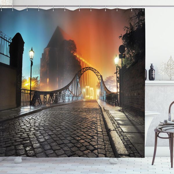 Abakuhaus Tenda Da Doccia Vintage, Old Town Bridge Night, Opaca, Incl. 12 Anelli, Resistente A Batteri E Muffe, 175 X 240 Cm, Arancione Grigio-image