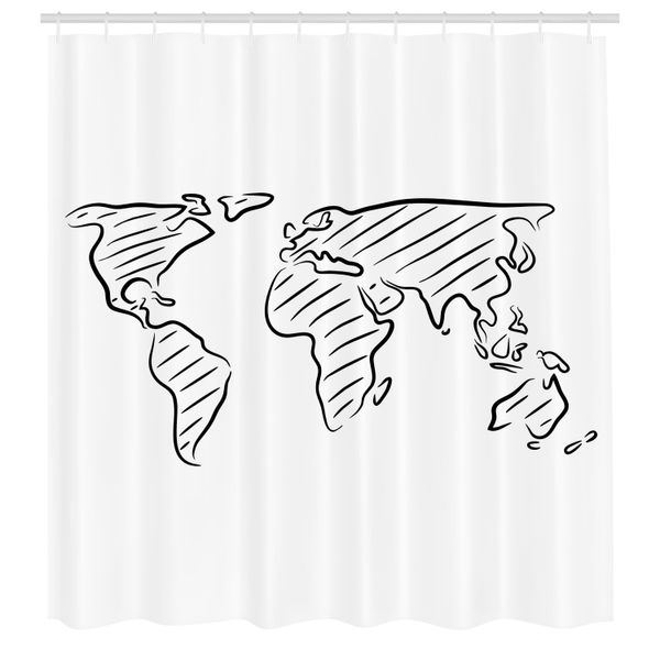 Abakuhaus Tenda Da Doccia Con Mappa Del Mondo, Illustrazione Bozza Della Mappa Del Mondo Effetto Disegno Grafica Stampata, Tessuto Set Decorativo Per Bagno Con Ganci, 175X240 Cm, Bianco E Nero-image