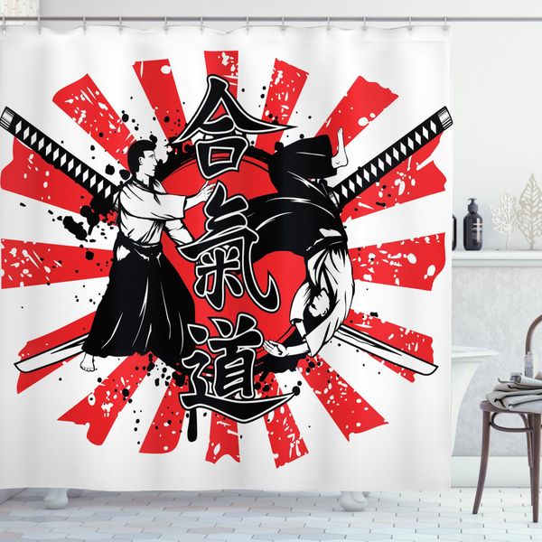 Abakuhaus Tenda Da Doccia Giapponese, Combattimento Di Aikido Samurai, Stampa Digitale Su Tessuto, Incl. 12 Ganci, Resistente Al Lavaggio, Resistente All'acqua E Ai Batteri, 175 X 180 Cm, Arancione, Nero, Bianco-image