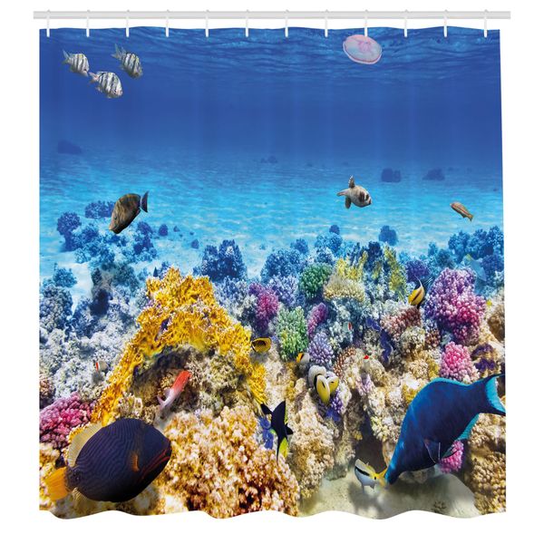 Abakuhaus Tenda Da Doccia Con Motivo A Pesci, Scena Subacquea Con Pesci Rossi, Stelle Marine E Meduse, Set Decorativo Per Bagno In Tessuto Con Ganci, 175X240 Cm, Turchese-image