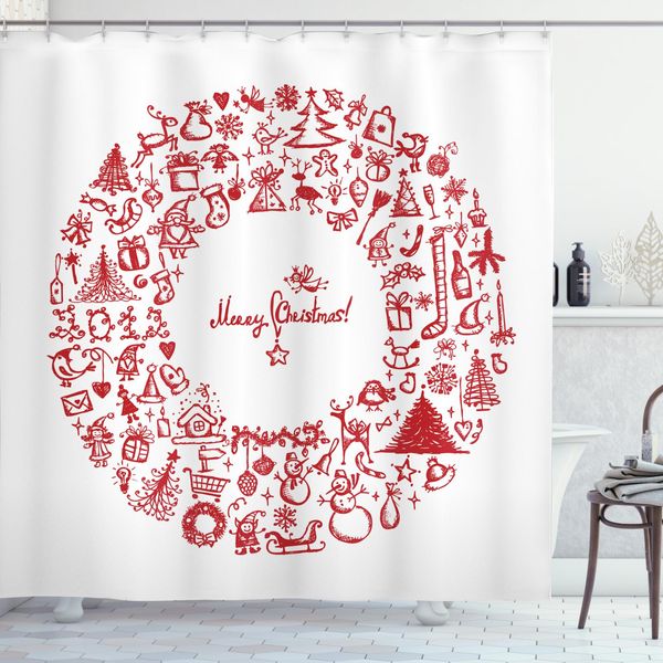 Abakuhaus Tenda Da Doccia Natalizia, Nastro In Stile Vintage, Stampa Personalizzata, 12 Ganci Inclusi, Colori Resistenti, Decorativa Con Colori Chiari, 175 X 220 Cm, Rossa-image