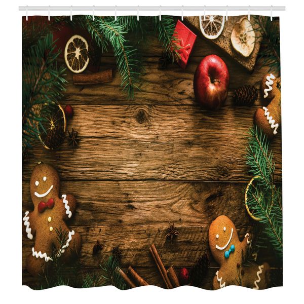 Abakuhaus Tenda Da Doccia Natalizia, Scatola Regalo Con Omino Di Pan Di Zenzero, Legno Di Conifere, Pino, Cannella, Dessert Su Tema Rustico In Legno, Set Decorativo Per Bagno In Tessuto Con Ganci, 175X240 Cm, Marrone Verde-image