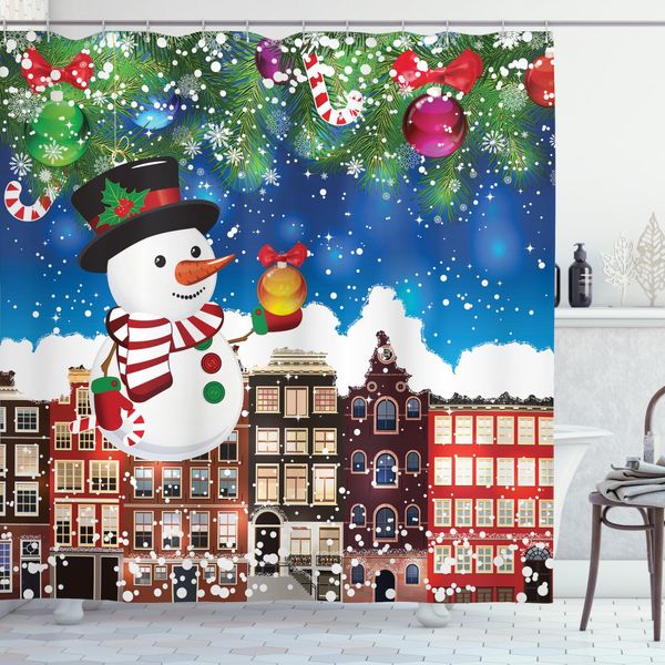 Abakuhaus Tenda Da Doccia Natalizia, Snowy StadtstraßE, Con Set Di 12 Anelli Impermeabile Elegante Moderna Colori Resistenti E Antimuffa, 175 X 220 Cm, Multi-image