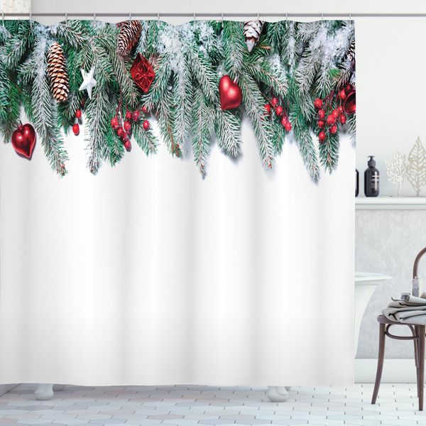 Abakuhaus Tenda Da Doccia Natalizia, Stelle E Bacche Natalizie, Opaca, Incl. 12 Anelli, Resistente A Batteri E Muffe, 175 X 180 Cm, Verde-Rosso-image