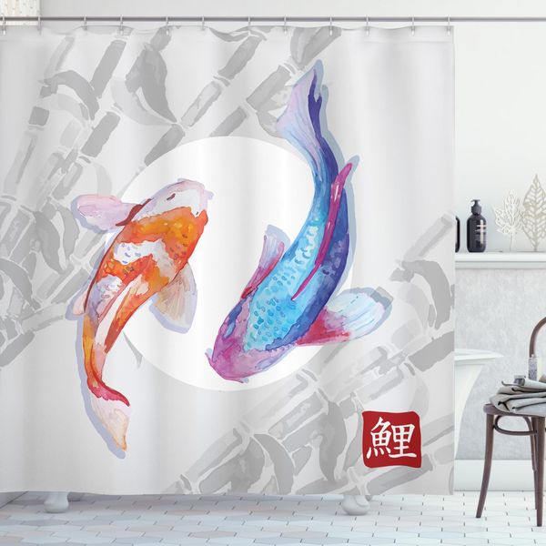 Abakuhaus Tenda Da Doccia Con Motivo Ittico, Carpe Giapponesi Acquerellate, Opaca, Incl. 12 Anelli, Resistente A Batteri E Muffe, 175 X 240 Cm, Arancione E Blu-image