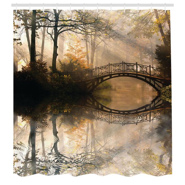 Abakuhaus Tenda Da Doccia Paesaggistica, Idilliaca Mattina Presto, Foresta Nebbiosa, Ponte, Riflesso Sul Fiume, Foto Romantica, Tessuto, Set Decorativo Per Bagno Con Ganci, 175X200 Cm, Multicolore-image