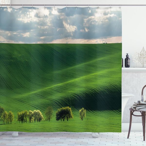 Abakuhaus Tenda Da Doccia Paesaggio, Nuvoloso Meadow Hills, Stampa Digitale Su Tessuto, Incl. 12 Ganci, Resistente Al Lavaggio, Resistente Ai Batteri, 175 X 220 Cm, Verde-image