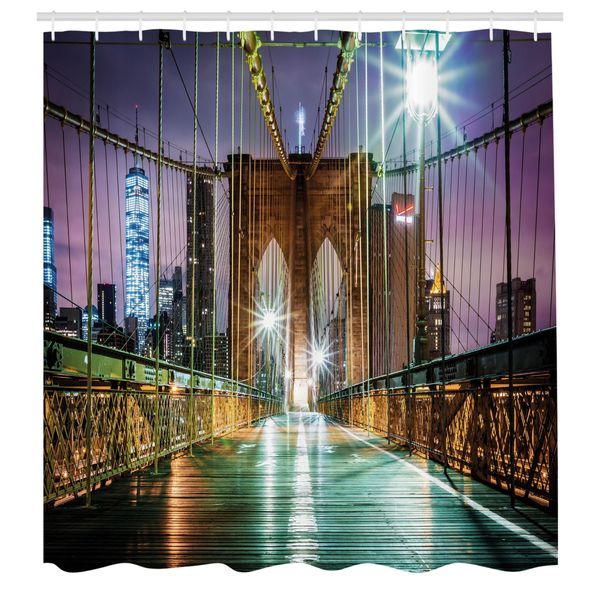 Abakuhaus Tenda Da Doccia Paesaggistica, Brooklyn Bridge Pedestrian Walkway Before Sunrise American Landmark Image, Tessuto Set Decorativo Per Bagno Con Ganci, 175X200 Cm, Viola-image