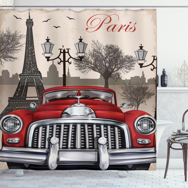 Abakuhaus Tenda Da Doccia Retrò, Paesaggio Urbano Di Parigi, Resistente A Batteri E Muffe, Incl. 12 Ganci Lavabile Elegante Stampa Digitale, 175 X 180 Cm, Rosso Crema Grigio-image