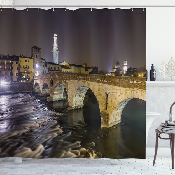 Abakuhaus Tenda Da Doccia Con Vista Sulla Città, Ponte Romano, Acqua Opaca, Incl. 12 Anelli, Resistente A Batteri E Muffe, 175 X 240 Cm, Nero Beige-image