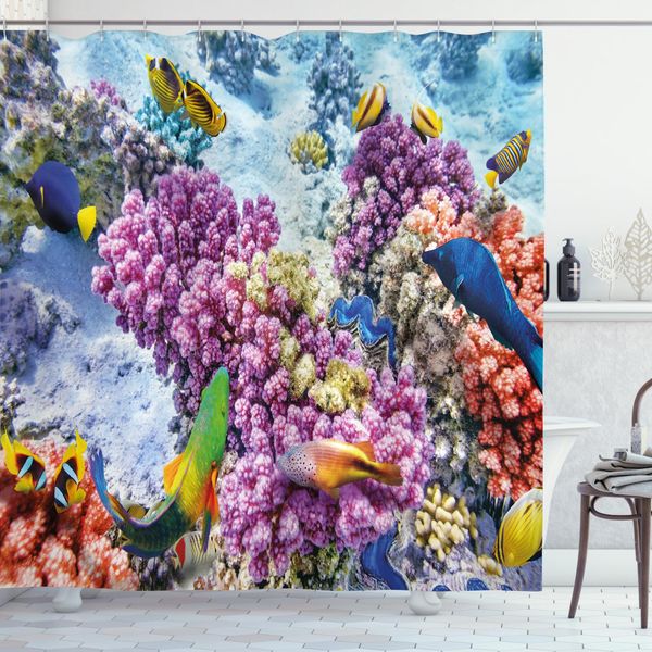 Abakuhaus Tenda Da Doccia Con Motivo Ittico, Marine Life Sea, Opaca, Incl. 12 Anelli, Resistente A Batteri E Muffe, 175 X 240 Cm, Multicolore-image