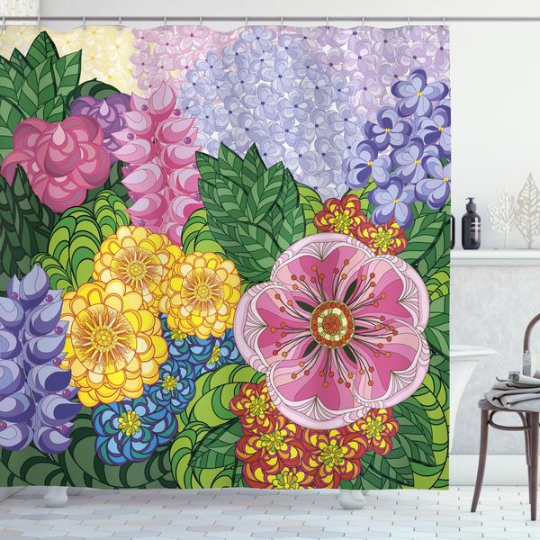Abakuhaus Tenda Da Doccia Colorata, Boccioli Di Fiori Naturali, Stampa Personalizzata, Incl. 12 Ganci, Colori Resistenti, Decorativa Con Colori Chiari, 175 X 220 Cm, Viola Verde-image