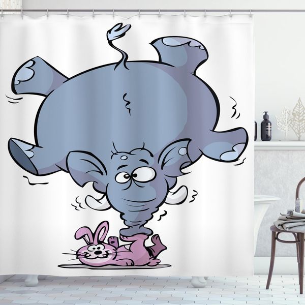 Abakuhaus Tenda Da Doccia Con Caricatura, Coniglietto Mascotte, Impermeabile, Inclusi 12 Anelli, Resistente A Batteri E Muffa, 175 X 200 Cm, Bianco Grigio Rosa-image
