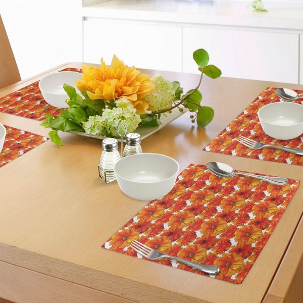 Tovagliette Abakuhaus Arancioni, Grandi Papaveri Boemi In Fiore Su Sfondo Antico, Design Grafico, Decorazioni Da Tavola In Tessuto Resistente Al Lavaggio Per La Sala Da Pranzo E La Cucina, Arancione Scuro E Bianco.-image