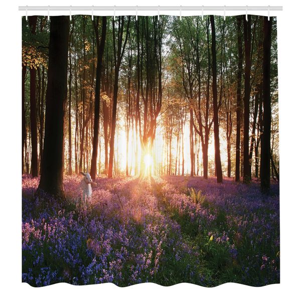Abakuhaus Tenda Da Doccia Wald, Splendida Stampa Blu Con Campanule E Alba In Una Soleggiata Giornata Primaverile, Tessuto, Set Decorativo Per Bagno Con Ganci, 175X220 Cm, Viola E Verde-image