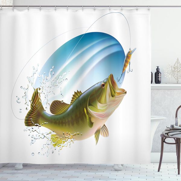 Abakuhaus Tenda Da Doccia Con Motivo Pesci, Tema Wild Life In Nature, Opaca, Incl. 12 Anelli, Resistente A Batteri E Muffe, 175 X 240 Cm, Verde Blu-image