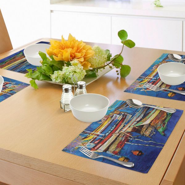 Abakuhaus Tovagliette Rustiche, Arte Popolare - Immagine Di Barche Sulla Riva Al Tramonto Dorato Che Attraversa Il Mare, Stampa Digitale Su Tessuto Lavabile, Decorazione Da Tavola, Cucina, Multicolore-image