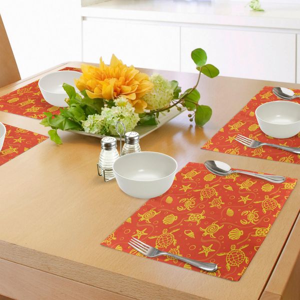 Abakuhaus Tovagliette Arancioni, Tartarughe E Granchi Che Nuotano Con Conchiglie, Bolle E Stelle Marine Tropicali, Tiscjdeco In Tessuto Resistente Al Colore Per La Sala Da Pranzo E La Cucina, Arancione Scuro E Giallo.-image