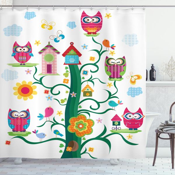 Abakuhaus Tenda Da Doccia Con Gufi, Gufi Su Un Albero Con Pois, Stampa Digitale Su Tessuto, Incl. 12 Ganci, Resistente Al Lavaggio, Resistente All'acqua E Ai Batteri, 175 X 180 Cm, Multicolore-image
