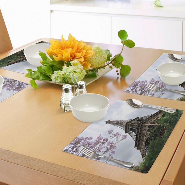 Tovagliette Abakuhaus Torre Eiffel, Stampa Eiffel-Fiori Naturali-Fiori Colorati-Cielo Nuvoloso-Prospettive-Parigi, Tiscjdeco In Tessuto Resistente Al Lavaggio Per Sala Da Pranzo E Cucina, Verde Verde-image