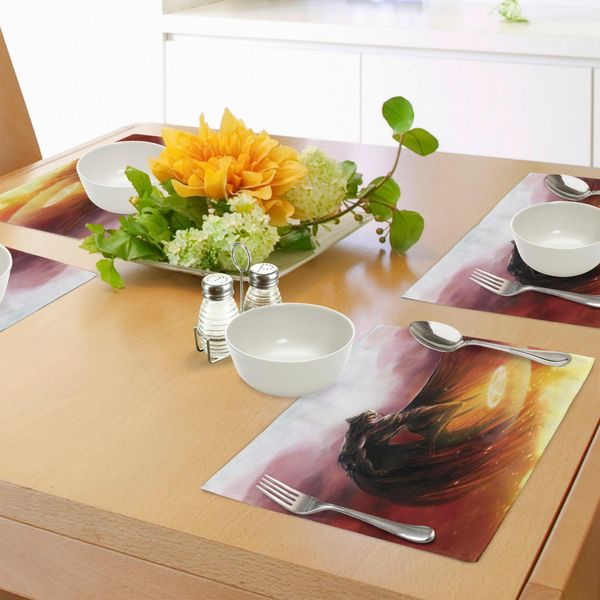 Abakuhaus Tovagliette Fantasia, Supereroe Nel Suo Costume Originale Che Vola Magic Flame Save The World Theme, Tiscjdeco In Tessuto Resistente Ai Colori Per La Sala Da Pranzo E La Cucina, Giallo Rosso-image