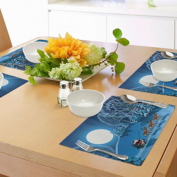 Abakuhaus Tovagliette Natalizie, Babbo Natale Sulla Slitta In Una Notte Di Luna Piena Con Tema Natalizio Invernale Innevato, Tiscjdeco In Tessuto Resistente Al Lavaggio Per Sala Da Pranzo E Cucina, Blu Navy-image