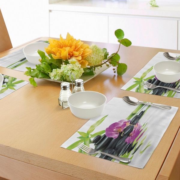 Tovagliette Abakuhaus Spa, Asian Relaxation Ways Con Pietre Zen Per Massaggi Orchidea Viola E Bambù, Tiscjdeco In Tessuto Resistente Al Lavaggio Per Sala Da Pranzo E Cucina, Viola, Nero E Verde-image