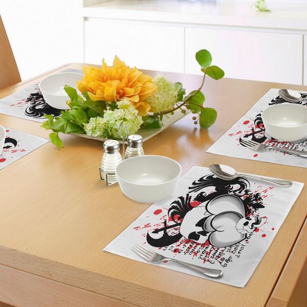 Tovagliette Abakuhaus Con Tatuaggi, Cuori Uniti Con Teschi E Ali D'aquila Simbolo Dell'amore Coraggioso, Decorazioni Da Tavola In Tessuto Resistente Al Lavaggio Per La Sala Da Pranzo E La Cucina, Bianco, Nero E Rosso-image