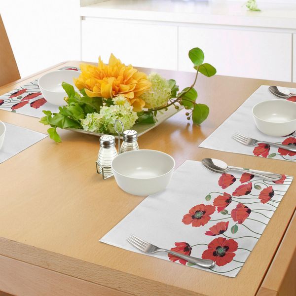Tovagliette Abakuhaus Con Motivi Floreali, Papaveri In Giardino, Piante Fresche, Natura Idilliaca, Tema Profumato, Stampa Artistica, Tiscjdeco In Tessuto Resistente Al Lavaggio Per Sala Da Pranzo E Cucina, Arancione E Verde.-image