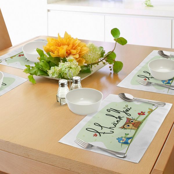 Tovagliette Abakuhaus Con Motivi Animali, Simpatici Uccellini, Gufi, Vermi, Passeri E Fiori Con La Scritta "Grazie"", Stampa Grafica, Tiscjdeco In Tessuto Resistente Ai Colori Per La Sala Da Pranzo E La Cucina, Verde"-image