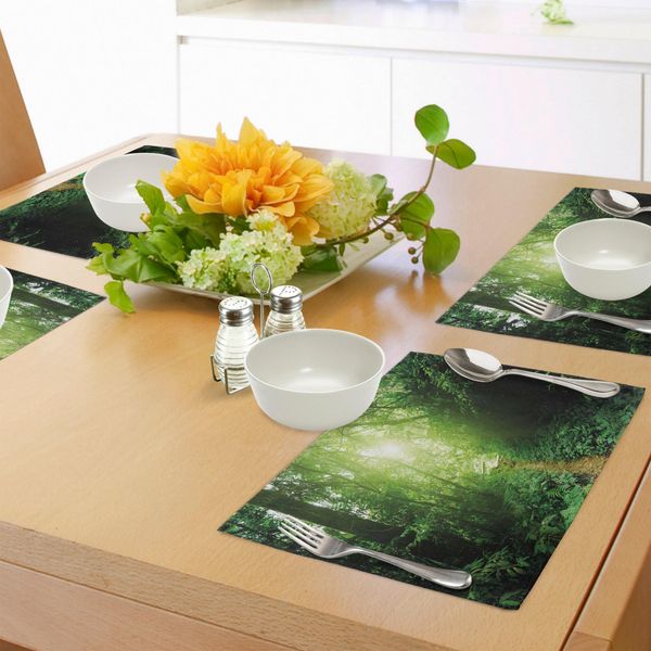 Abakuhaus Tovagliette Paesaggio, Un Viaggio Nella Giungla Della Malesia Rainforest Fresh Erba Alberi Paesaggio Rurale Mattutino, Tiscjdeco In Tessuto Resistente Al Colore Per La Sala Da Pranzo E La Cucina, Verde-image