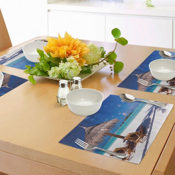 Abakuhaus Tovagliette Paesaggio, Isola Caraibi Luna Di Miele Temi Spiaggia Mare Oceano Stampa, Tiscjdeco In Tessuto Resistente Ai Colori Per La Sala Da Pranzo E La Cucina, Marrone Chiaro Turchese E Bianco-image