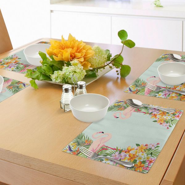 Tovagliette Abakuhaus Con Motivi Floreali, Fenicotteri E Fiori Tropicali, Stampa Esotica Con Animali Hawaiani, Decorazione Da Tavola In Tessuto Resistente Al Lavaggio Per Sala Da Pranzo E Cucina, Azzurro E Arancione-image
