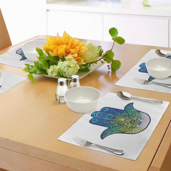 Abakuhaus Tovagliette Malocchio, Simbolo Etnico Della Mano Di Fatima Dai Colori Vivaci, Antica Cultura Araba Orientale, Tiscjdeco In Tessuto Resistente Ai Colori Per La Sala Da Pranzo E La Cucina, Giallo Verde Blu-image