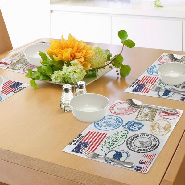 Abakuhaus Stati Uniti Tovagliette, Timbro Grunge Dell'america Las Vegas New York San Francisco Hawaii Illustrazione, Tiscjdeco In Tessuto Resistente Ai Colori Per La Sala Da Pranzo E La Cucina, Multicolore-image