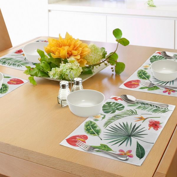 Abakuhaus Tovagliette Con Motivi Vegetali, Collezione Assortita Di Foglie E Fiori Provenienti Dai Paesi Tropicali Heliconia Philodendron, Tiscjdeco In Tessuto Resistente Al Lavaggio Per La Sala Da Pranzo E La Cucina, Multicolore-image