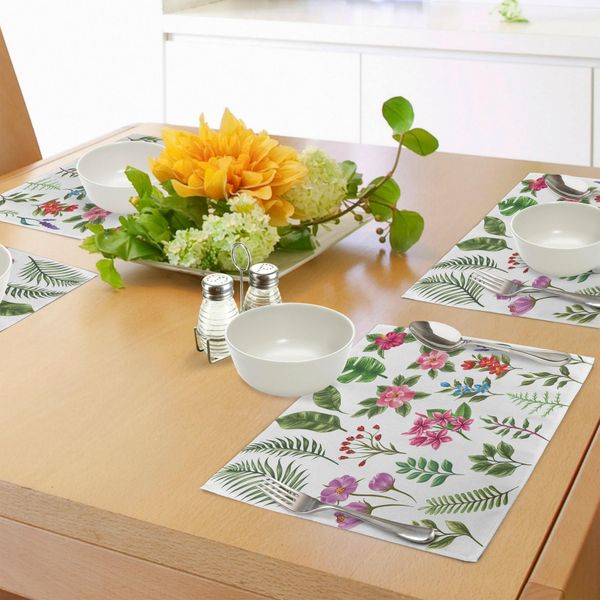 Tovagliette Abakuhaus Con Motivi Vegetali, Fiori Esotici E Felci, Elementi Botanici, Varietà Di Foglie, Tiscjdeco In Tessuto Resistente Al Lavaggio Per La Sala Da Pranzo E La Cucina, Multicolore E Verde Felce-image