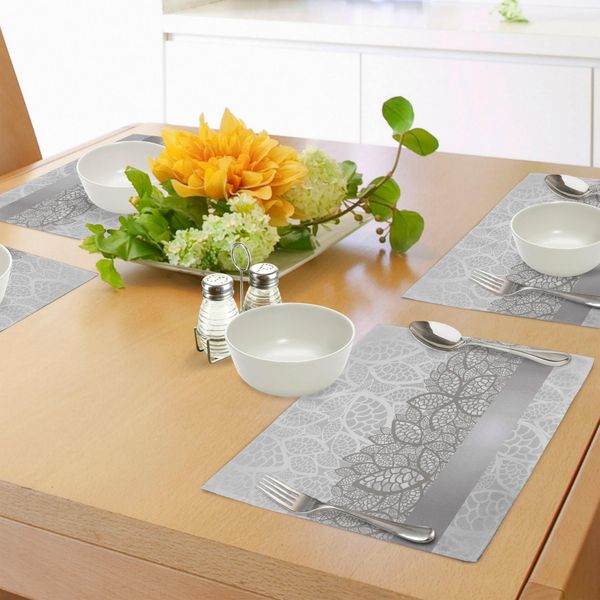 Abakuhaus Tovagliette Grigie, Motivi Floreali Ispirati Al Pizzo Composizione Nuziale Foglie Stilizzate Tema Matrimonio, Tiscjdeco In Tessuto Resistente Al Lavaggio Per Sala Da Pranzo E Cucina, Grigio Chiaro Bianco Verde-image