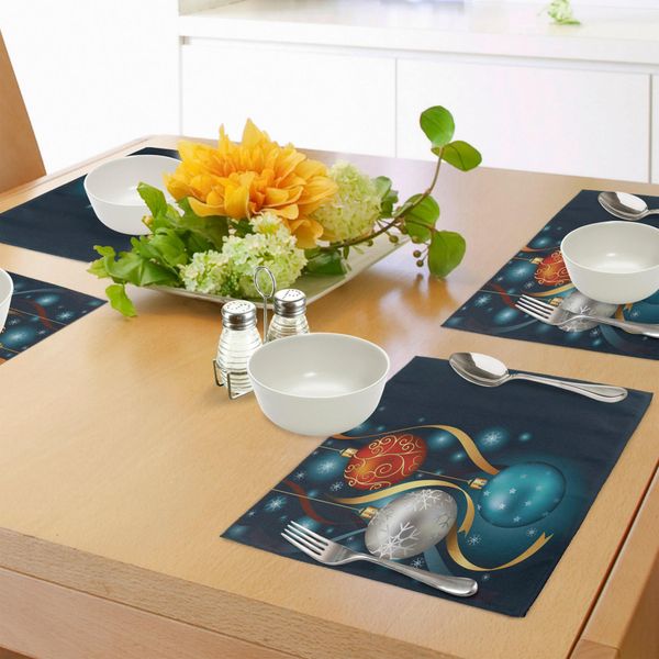 Tovagliette Natalizie Abakuhaus, Vivaci Palline Classiche Con Nastri E Motivi Astratti, Decorazioni Da Tavola In Tessuto Resistente Al Lavaggio Per La Sala Da Pranzo E La Cucina, Blu Petrolio, Grigio, Rosso-image
