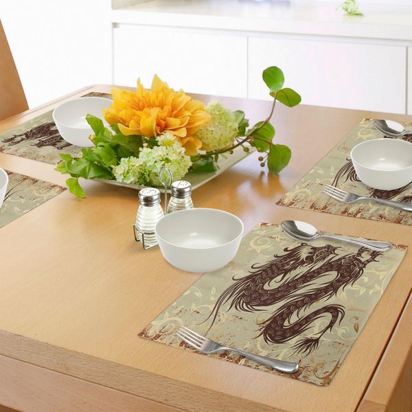 Abakuhaus Tovagliette Giapponesi Con Draghi, Sfondo Antico In Carta Con Numeri Magici Asiatici, Decorazioni Da Tavola In Tessuto Resistente Al Lavaggio Per La Sala Da Pranzo E La Cucina, Giallo Beige Marrone-image